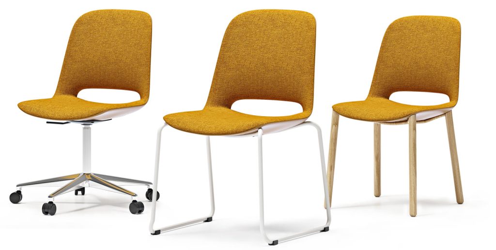 Three yellow side or guest chairs of the same series but different styles