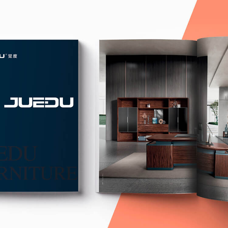 A display of Juedu furniture catalog for office furniture solutions.