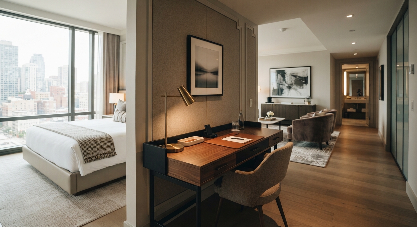 Commercial contract furniture featuring a modern hotel guestroom desk next to a luxury suite bed