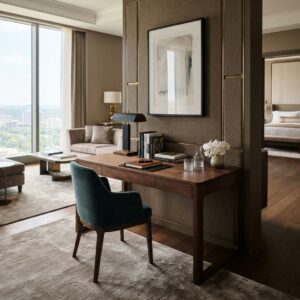 Commercial hotel writing desk with dark wood finish and sleek chair in an upscale hotel suite