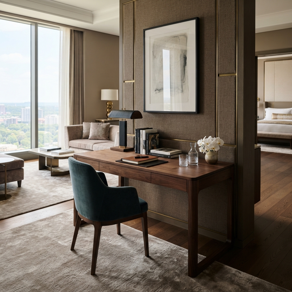 Commercial hotel writing desk with dark wood finish and sleek chair in an upscale hotel suite