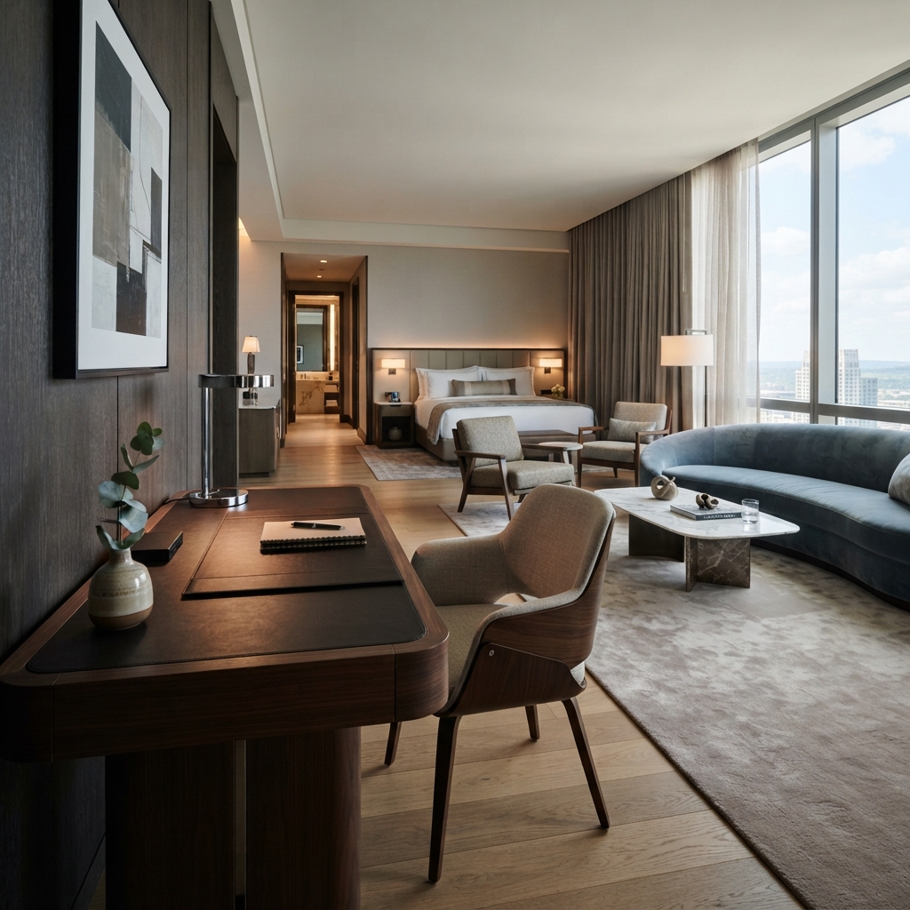Contract furniture guestroom desk with leather-inlaid top overlooking a panoramic city skyline view