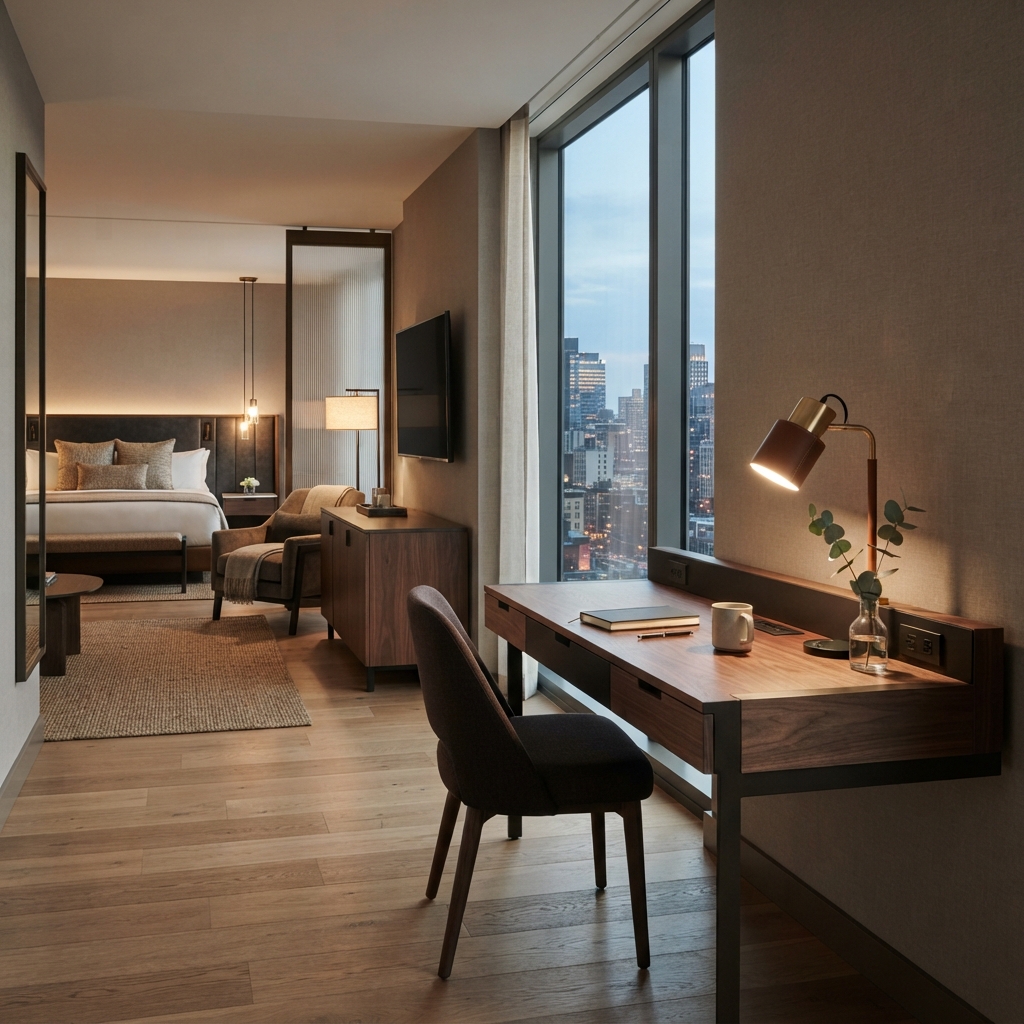 Custom hotel room furniture featuring a wall-mounted wooden guest desk with integrated power outlets