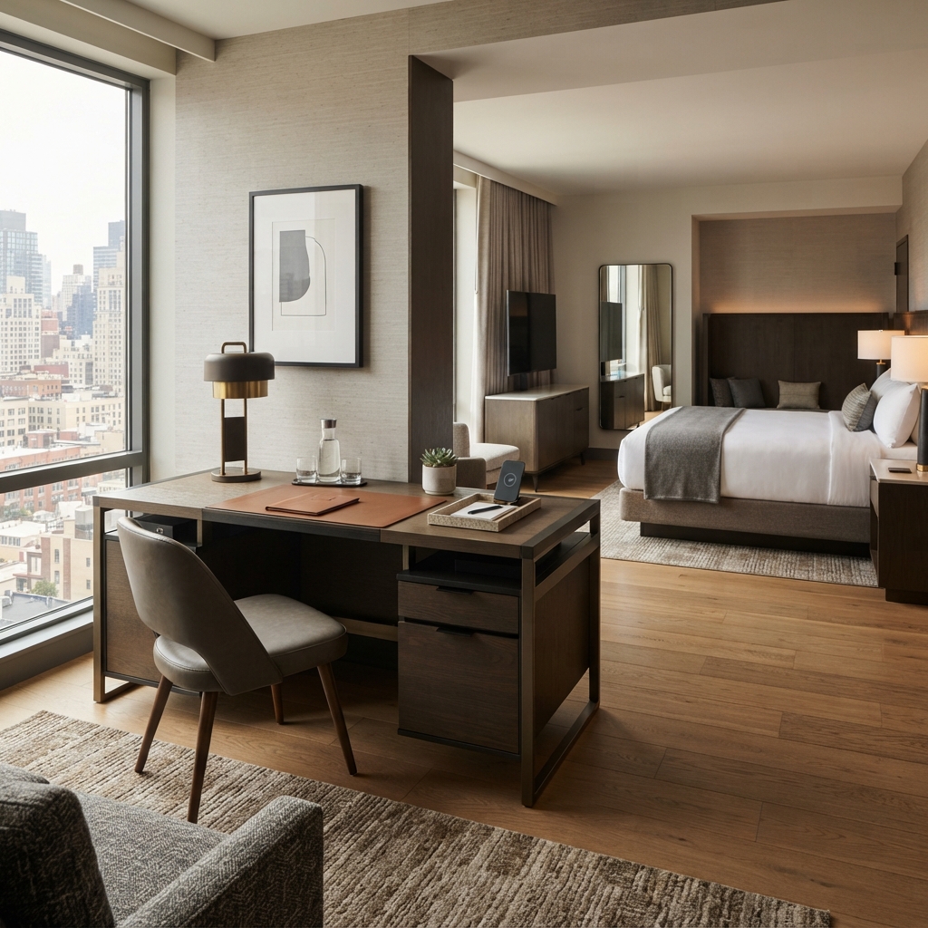 Hospitality study desk with organized storage drawers and elegant table lamp in a luxury suite