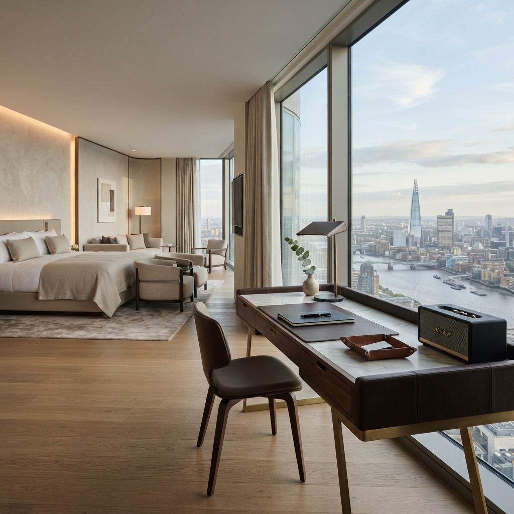 Hotel guestroom desk with marble-pattern top and integrated power ports facing a scenic city window