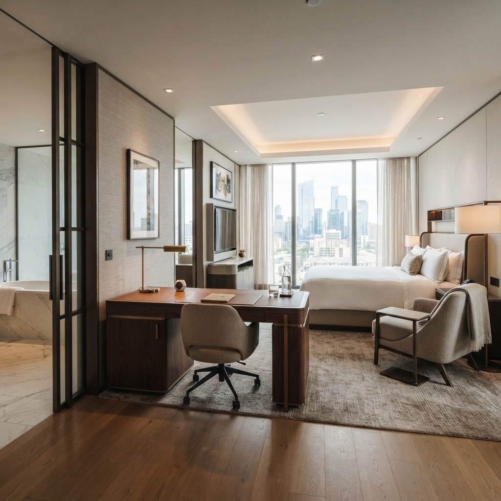 Luxury hotel writing table with executive leather top and matching armchair in a modern high-end suite