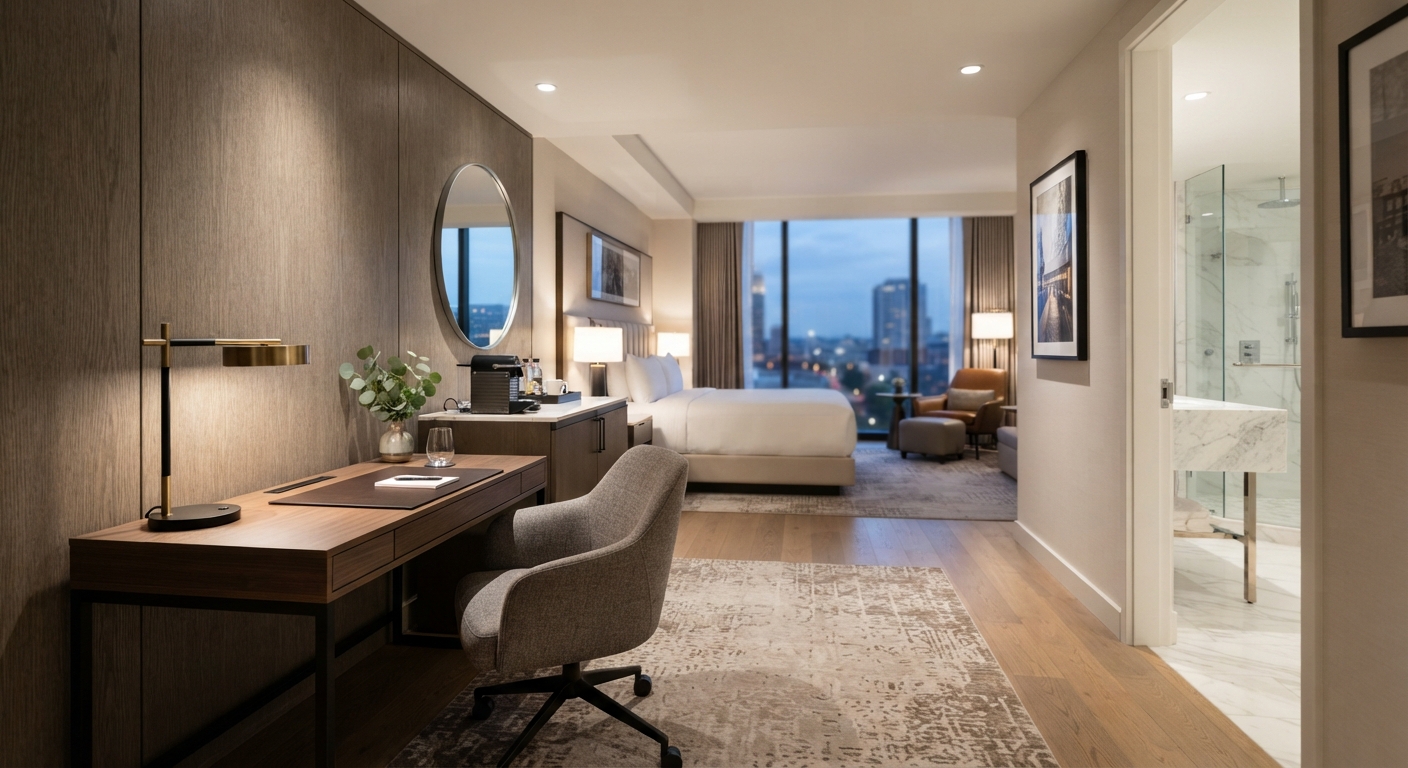 Modern wooden hotel desk with built-in lamp and leather writing pad in a luxury hotel guestroom