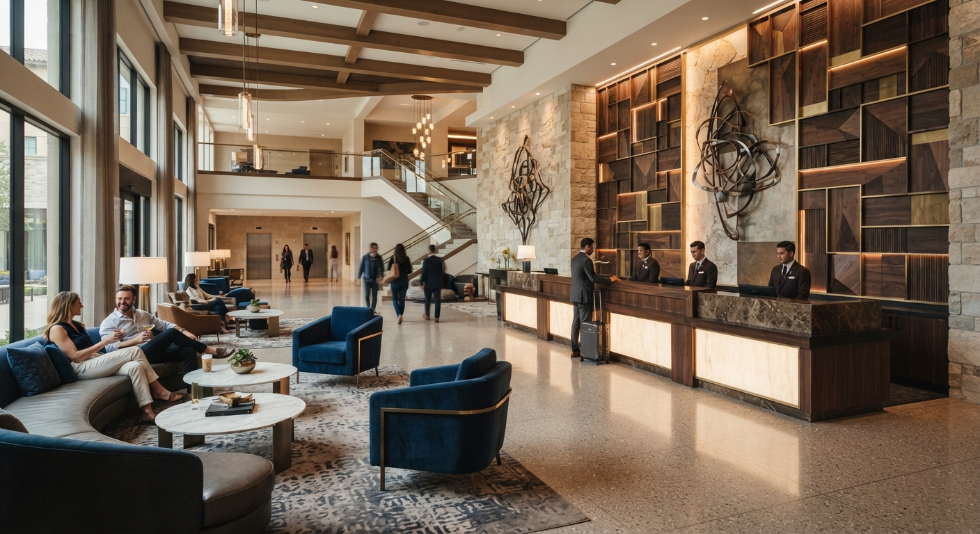 Grand hotel lobby showcasing an artistic feature wall with abstract metal sculptures and warm wood paneling for high-end resort interiors