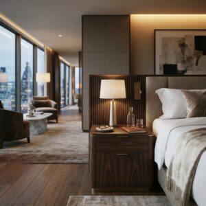 Modern wooden bedside cabinet with open shelf and drawer in a luxury hotel room interior