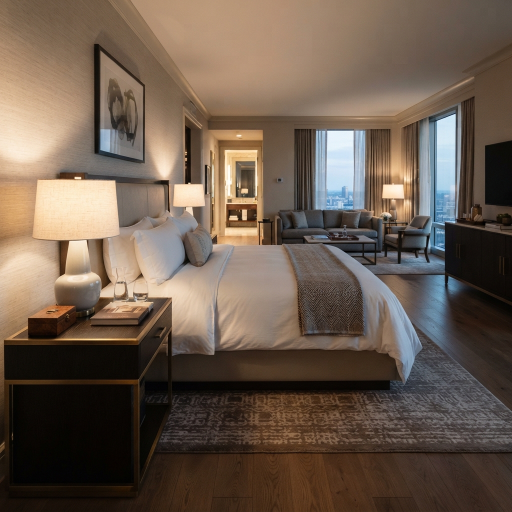 Contemporary bedside table with metallic trim and storage drawer in five-star hotel room