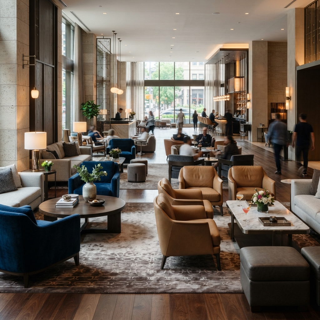 Contemporary wooden center tables with multi-tier storage in an upscale hotel lounge