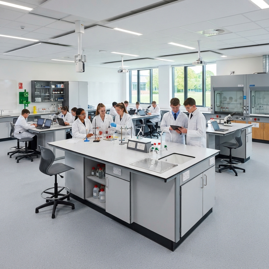 Contemporary Science Classroom Layout Featuring Modular Lab Tables with Integrated Sinks and Fume Hood in Background