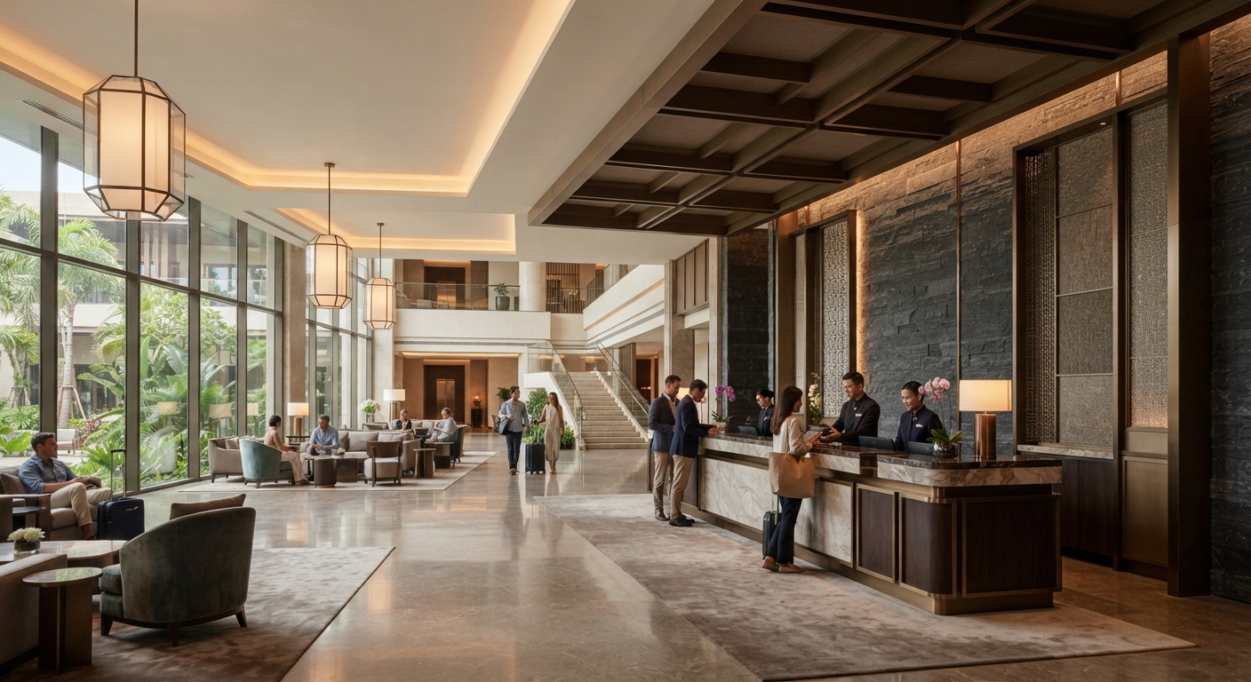 Bespoke hotel lobby check-in counter featuring wood veneer and stone finish in a commercial resort