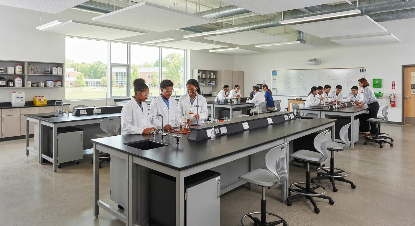 Modern School Science Laboratory with Modular Steel-Wood Student Lab Benches and Epoxy Resin Tops