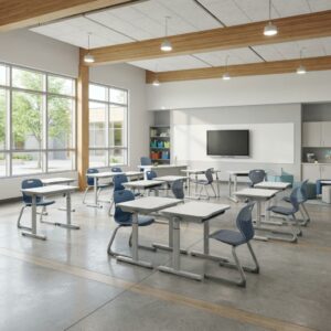 Durable School Furniture and Height Adjustable Student Desks Arranged in K12 Classroom