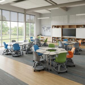 Multi-Functional Mobile Caster Chairs Arranged in a Classroom Cluster for Group Work