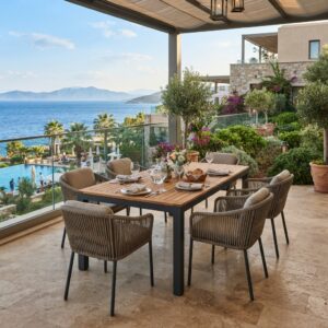 Commercial Teak Rectangular Dining Table and Rope Chairs on Hotel Terrace