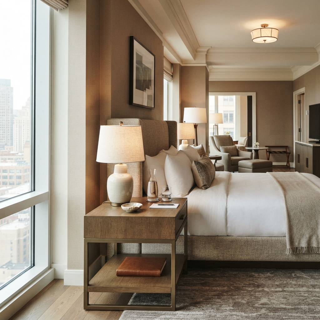 Contract furniture nightstand featuring dual-tier storage and walnut finish for hotel suites