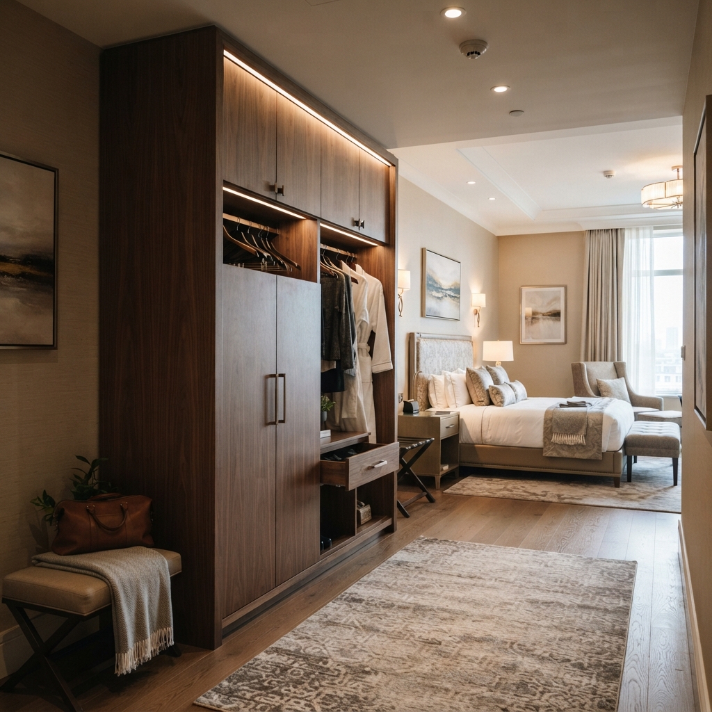 Custom hotel closet cabinet with wood veneer finish and built-in luggage rack in a modern hotel bedroom