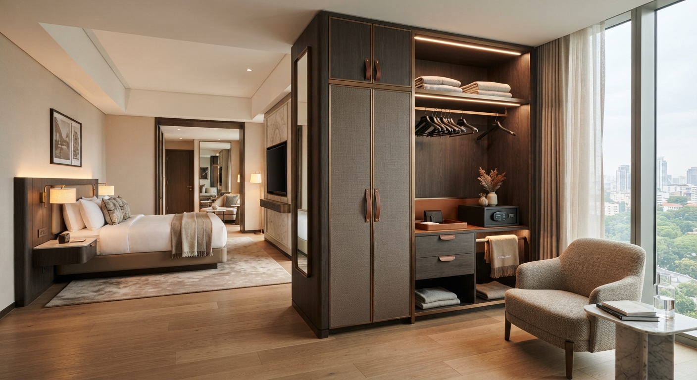 Custom hotel wardrobe featuring textured doors, full-length mirror, and hanging space for luxury hospitality interior