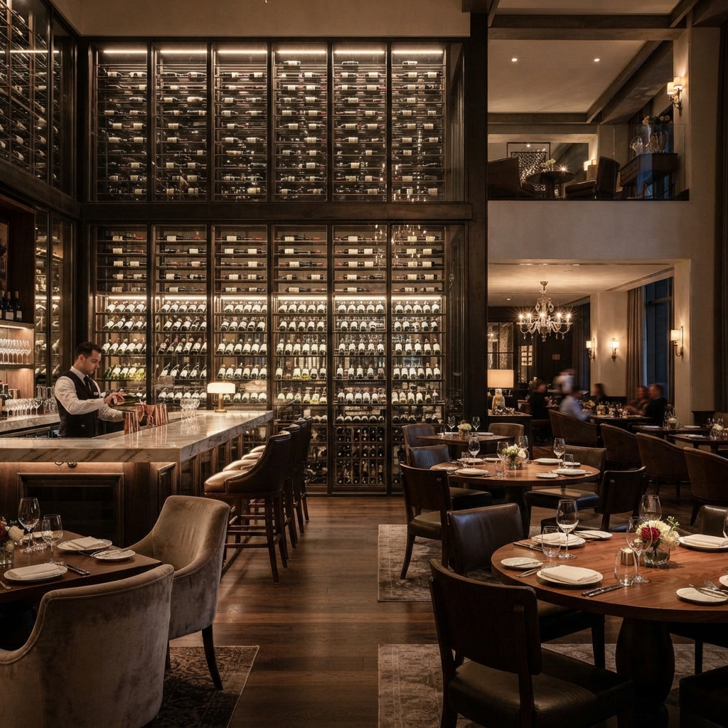 Fine dining restaurant and bar featuring massive illuminated wine storage racks and a bartender preparing drinks