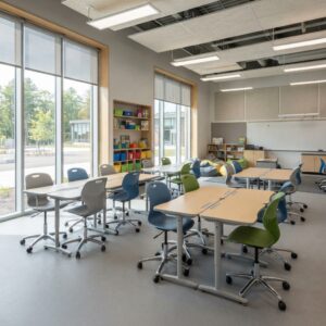 Classroom interior with colorful modern school chairs and light wood desks near large windows