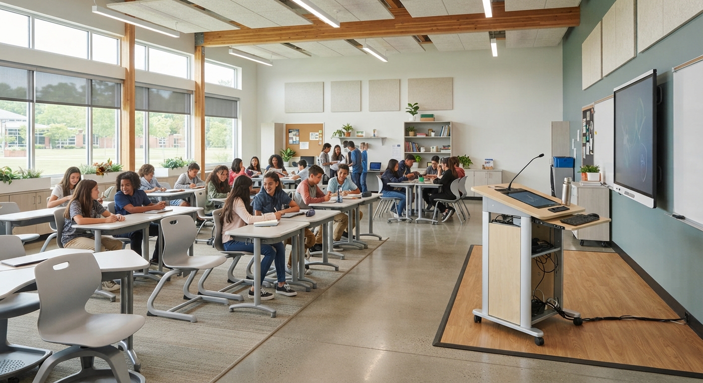 Professional mobile teacher lectern with microphone and laptop in a high school classroom with students at traditional desks