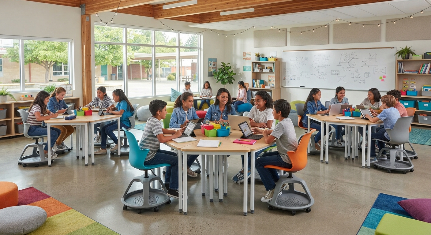 Collaborative modern classroom setup showing students in groups at modular desks, using laptops and tablets, with soft seating and large windows in the background