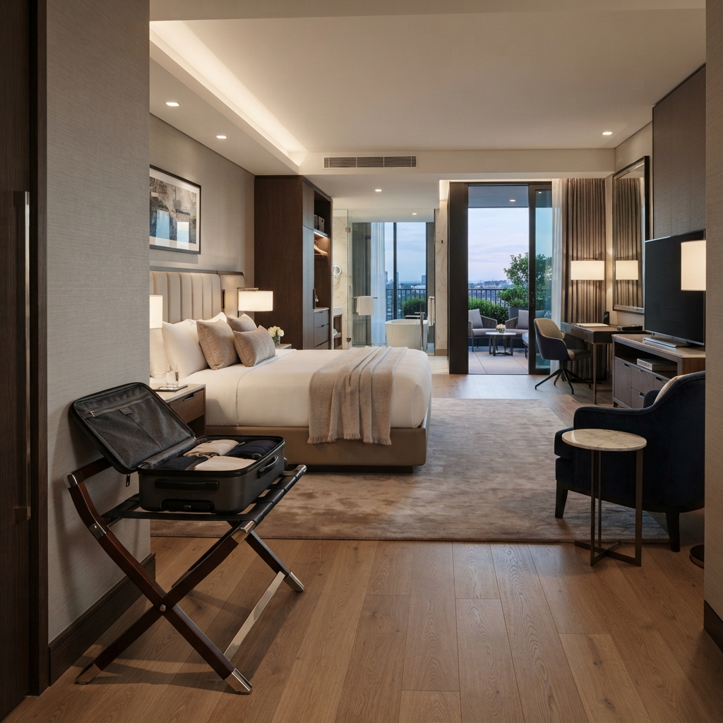 Foldable luggage rack with an open suitcase set up inside a luxury hotel guest bedroom