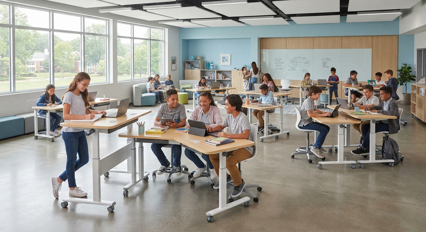 Height Adjustable Student Desks Featuring Mobile Casters and Flexible Classroom Layouts