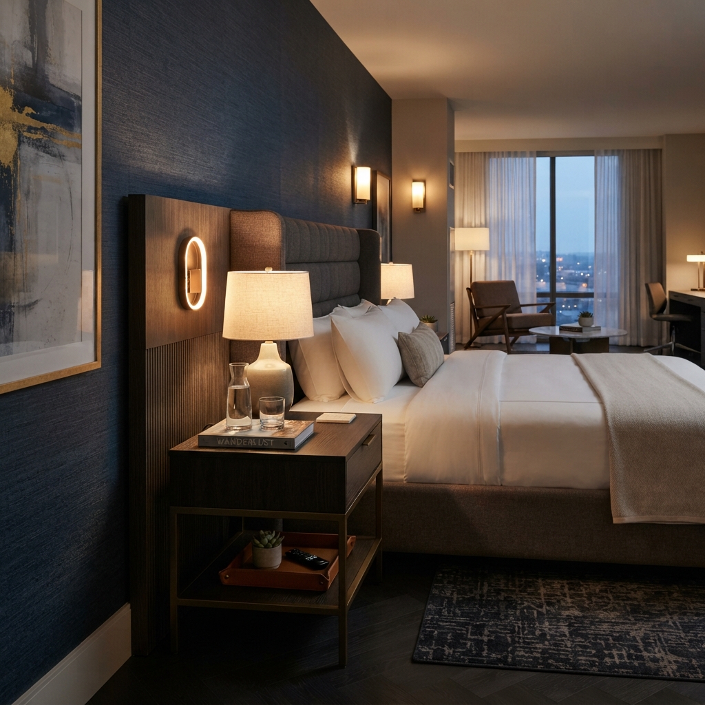 High-end hospitality accent table and hotel guestroom side table with integrated lighting