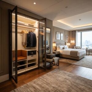 Hospitality closet cabinet with glass doors, safety deposit box, and interior lighting for hotel suites