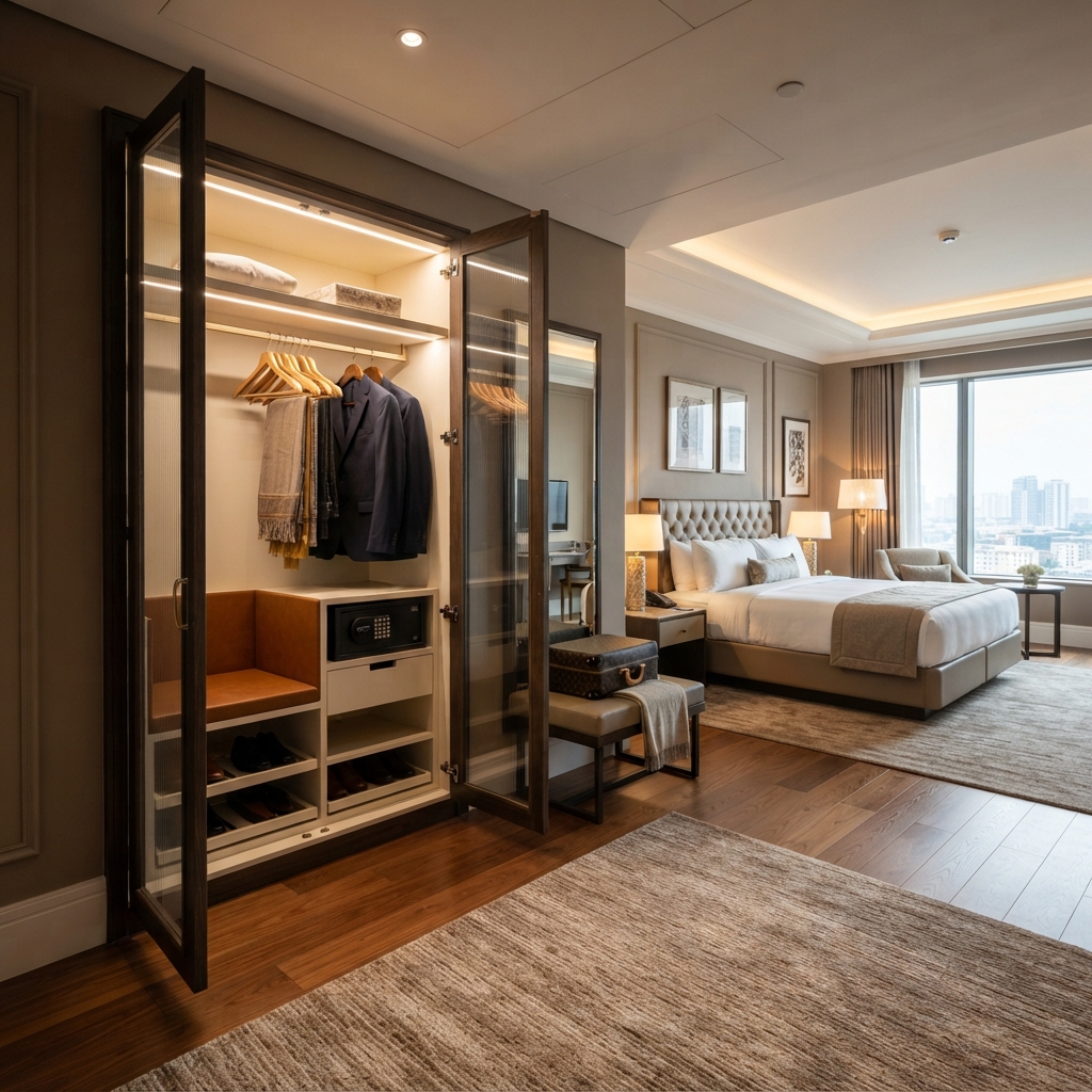 Hospitality closet cabinet with glass doors, safety deposit box, and interior lighting for hotel suites