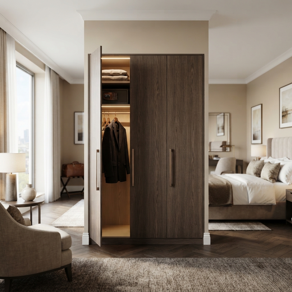 Hotel bedroom armoire and wooden wardrobe unit designed for commercial guestroom interior projects