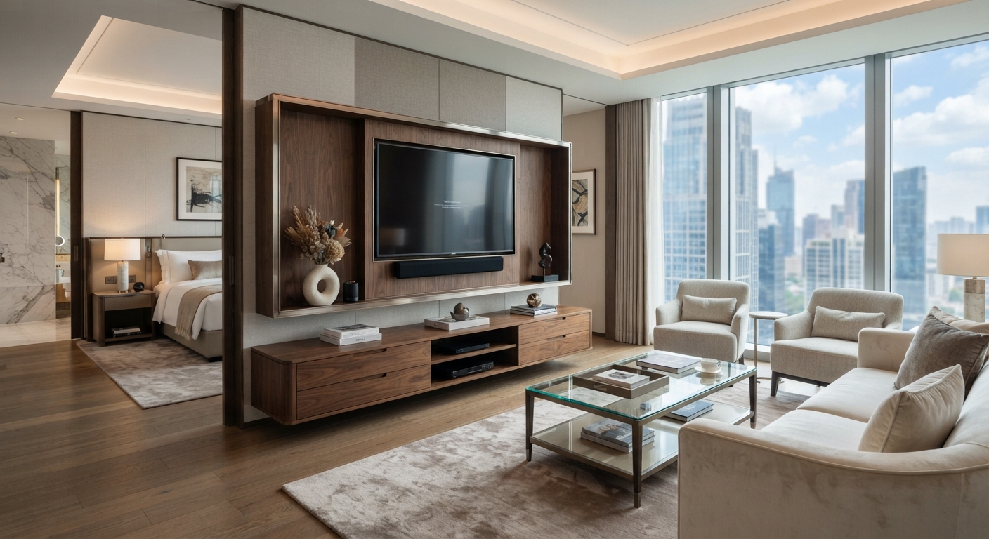 Custom High-End Hotel TV Unit | Warm Walnut Media Wall & Marble Base with Open Shelving