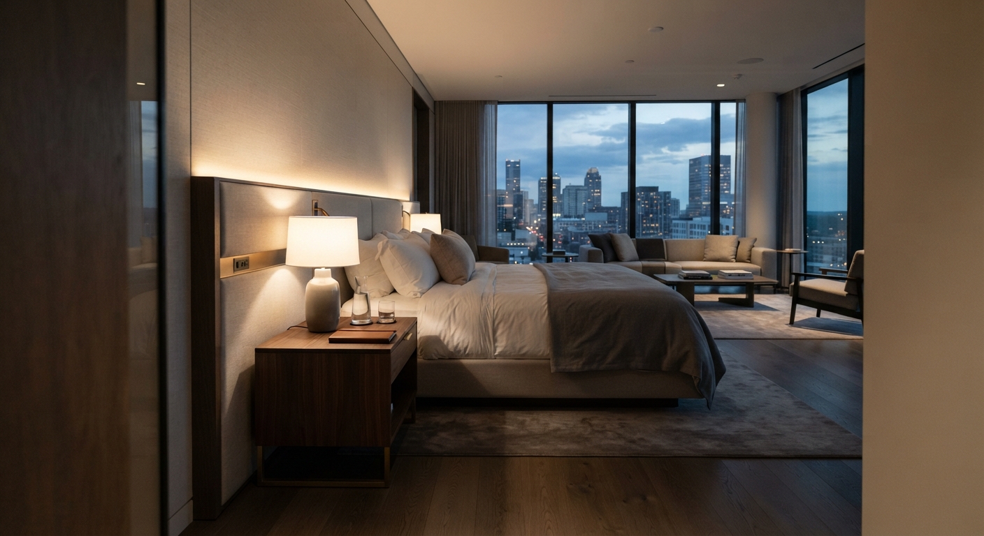 Hotel guestroom side table with drawer and metal frame in modern luxury hotel bedroom