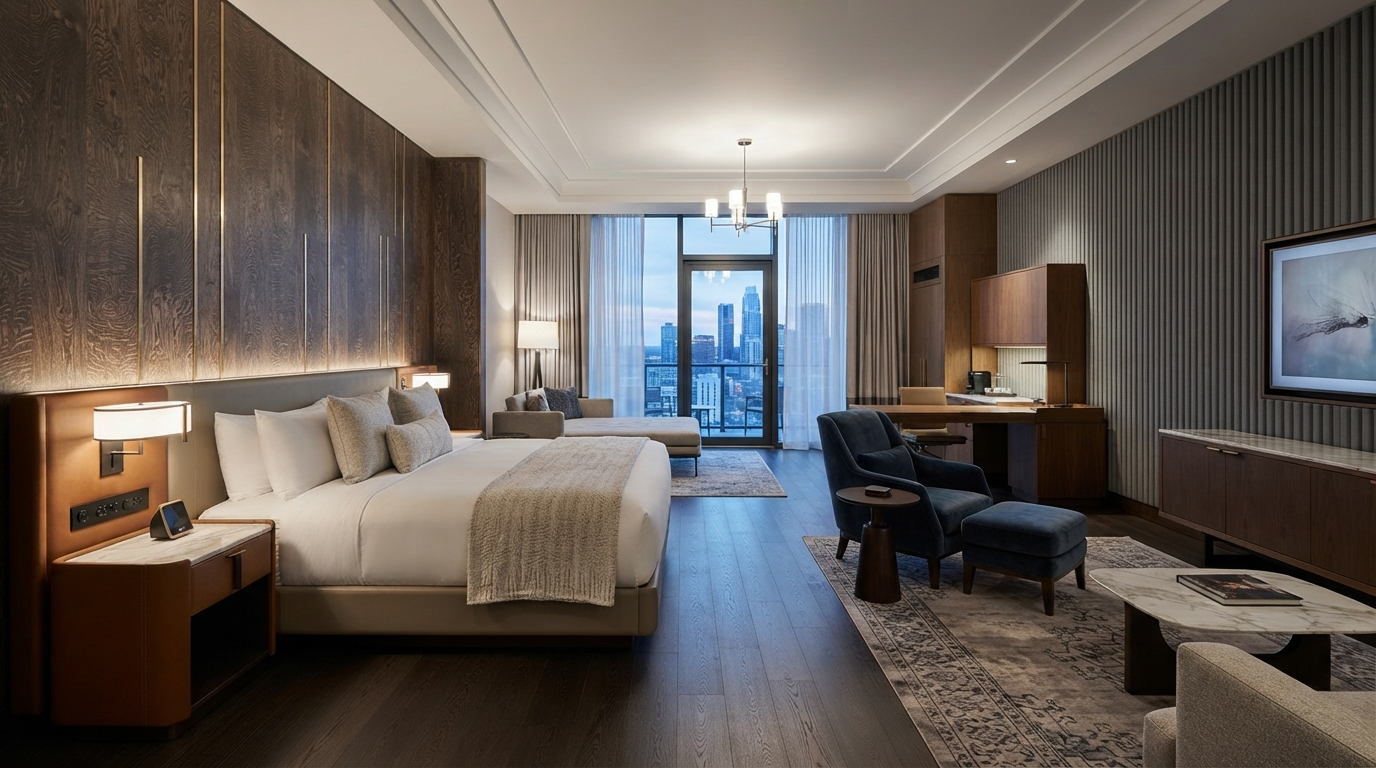 Modern hotel interior wall design showcasing dark wood veneer paneling, metal accents, and a city view suite layout