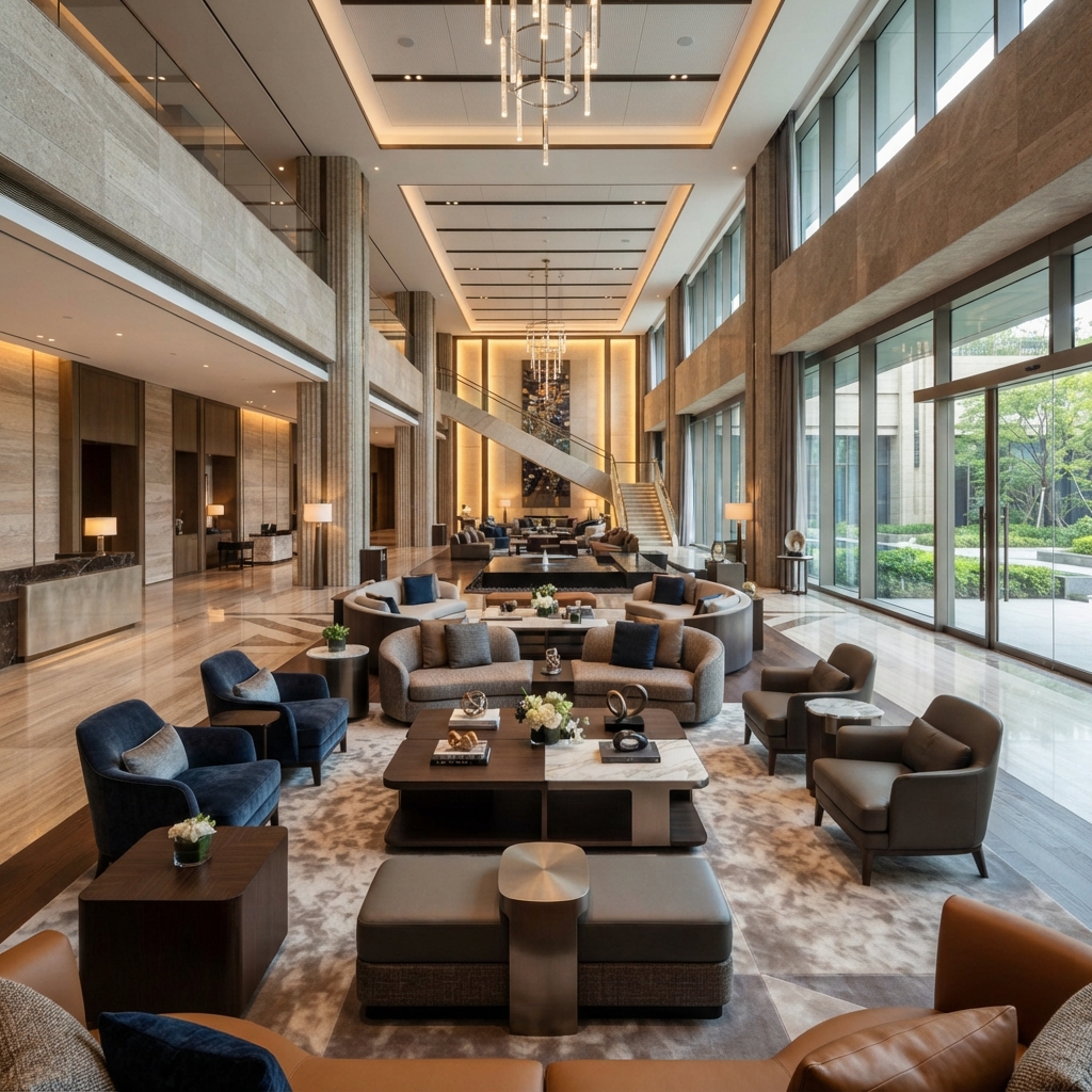 Luxury hotel lobby center tables featuring a rectangular marble and wood design for hospitality projects