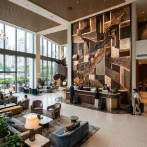 High-end hotel lobby feature wall with multi-material paneling, sculptural metal art, and a sophisticated guest check-in counter
