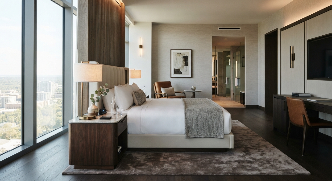 Custom hotel nightstand featuring wood veneer and clean modern style next to a king bed overlooking city skyline