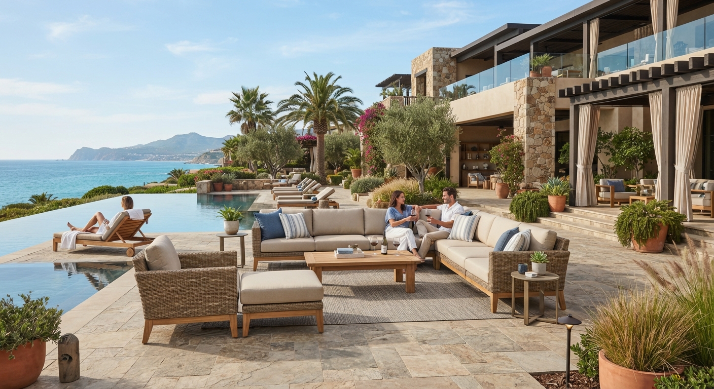 Hotel outdoor furniture modular wicker patio sofas on a stone terrace overlooking the ocean, with guests relaxing and enjoying drinks