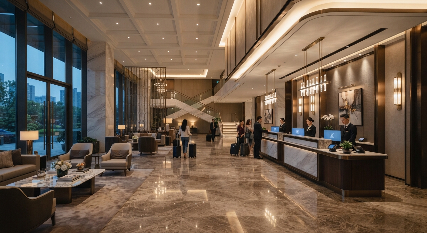High-end hotel reception desk with marble countertop and commercial lobby seating area