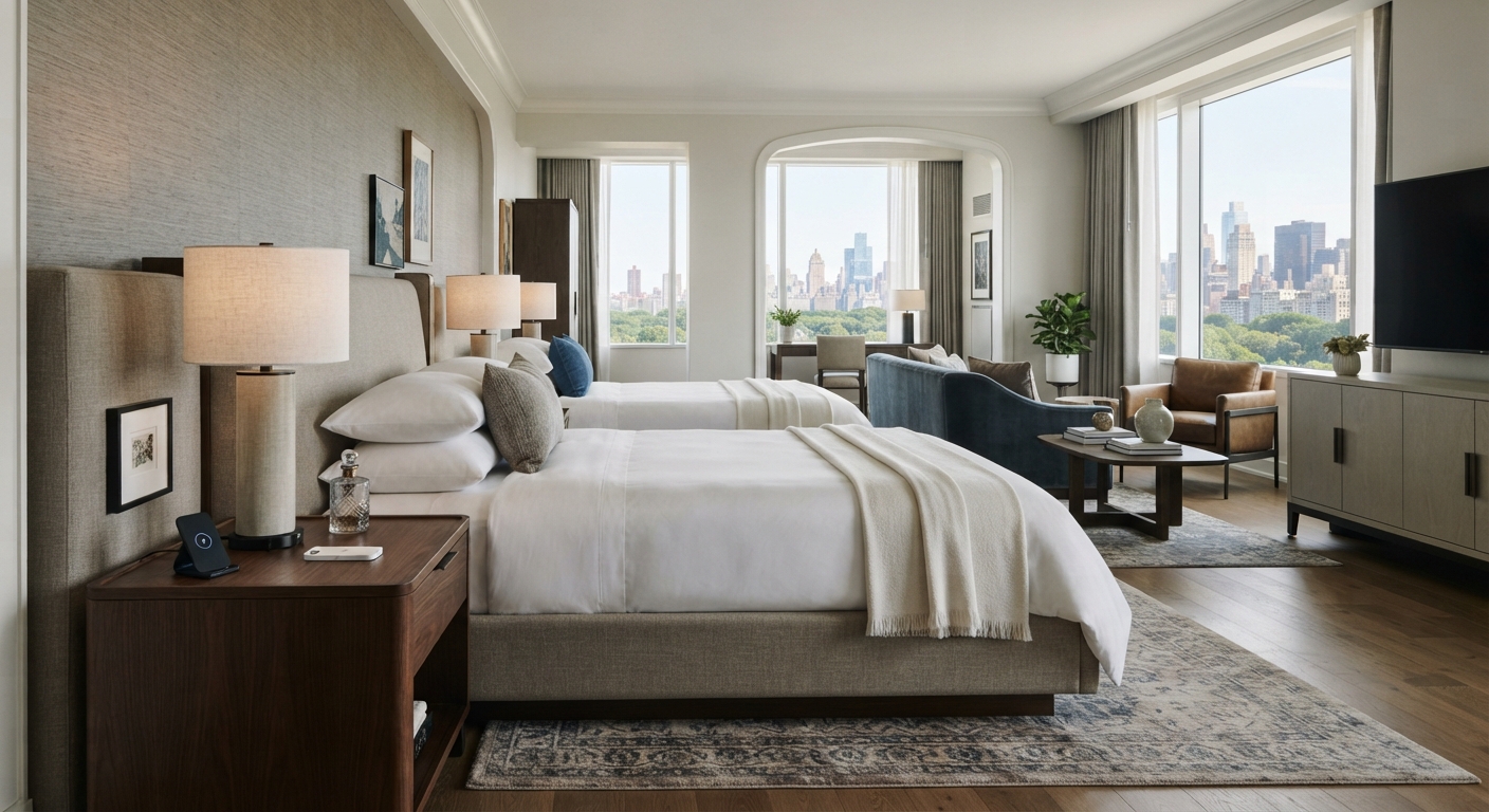 Minimalist wooden hotel nightstand with wireless charging station styled in an upscale twin hotel room