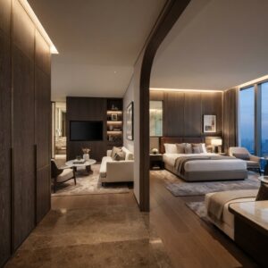 Bespoke hotel room wall decor and architectural wood paneling connecting luxury bedroom and living suite zones