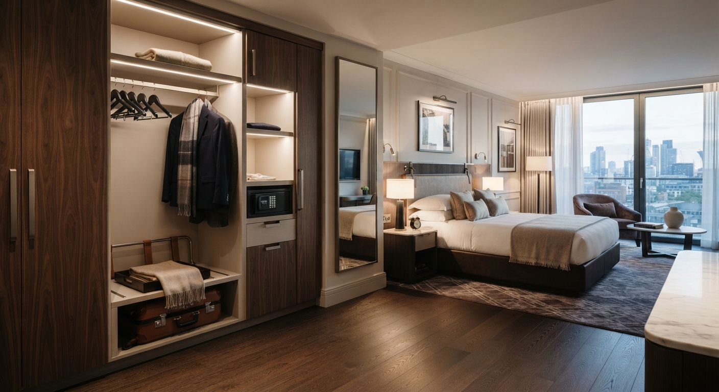 Hotel suite wardrobe design featuring integrated lighting, safe box, and premium wood finish for hospitality projects