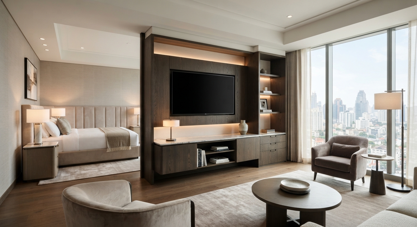 Premium Hotel Bedroom Media Wall | Contemporary Dark Wood TV Unit with Ambiance Lighting
