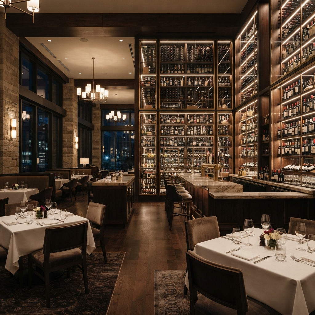 Modern classic hotel restaurant interior showing multiple dining areas and a prominent backlit wine storage unit