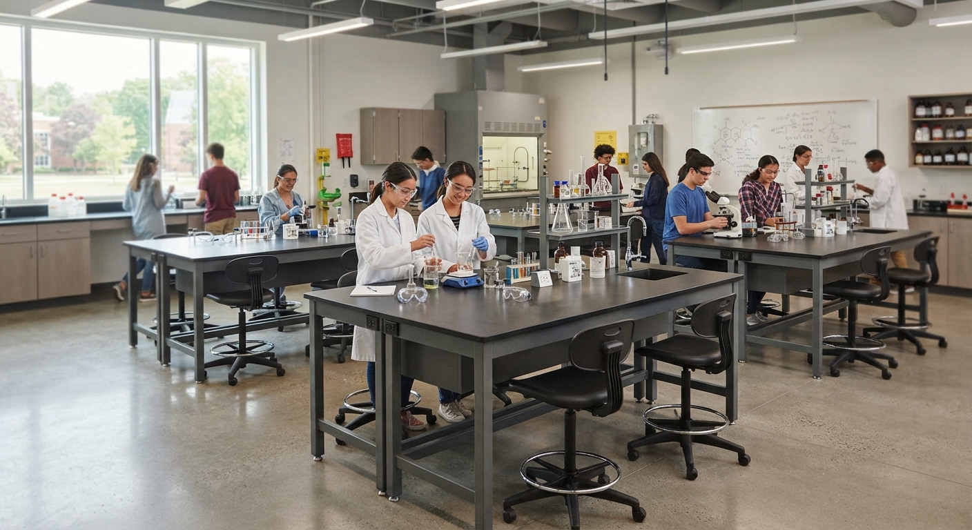 University science lab with students engaged in research, utilizing modular, chemical resistant science lab tables and ergonomic seating