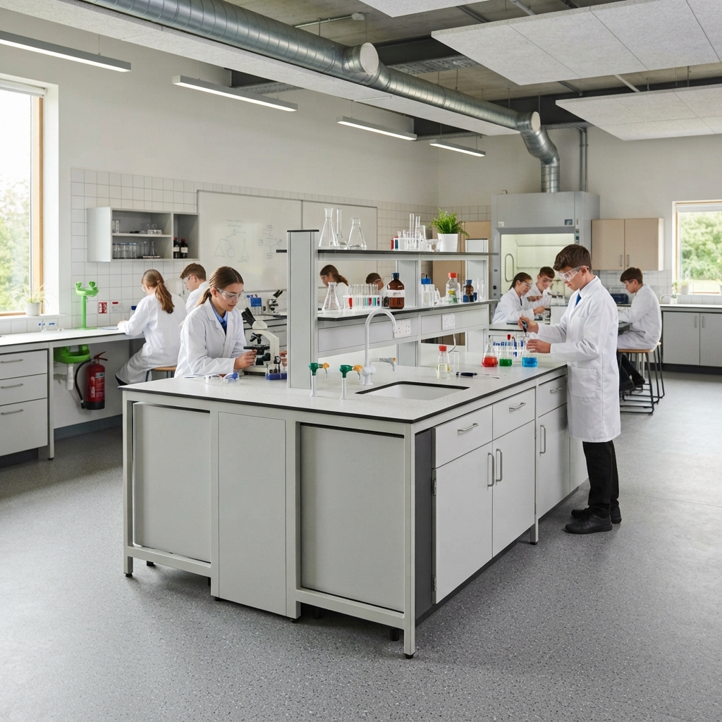 Laboratory Furniture in Action: Students Using Science Island Bench with Sink and Central Reagent Shelving