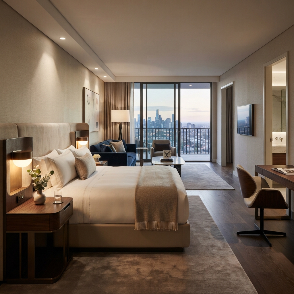 Luxury hotel bedroom furniture showcasing a matching wooden side table and nightstand setup